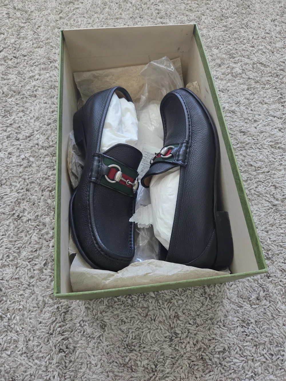 Gucci Black Leather Horsebit Loafers with Green-Red Web